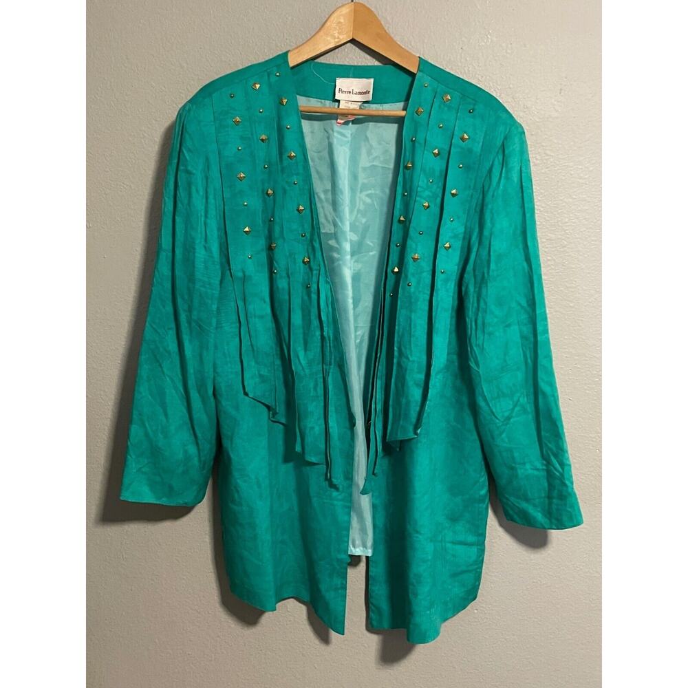 Vintage Pierre Lamonte Womens Jacket Size 16 Green Rayon Studded Open Waterfall